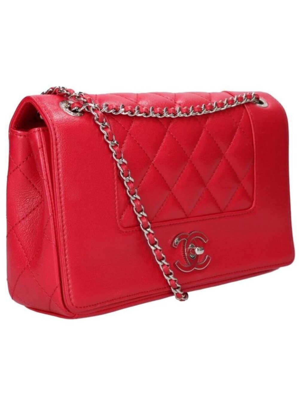 Chanel Mademoiselle 25 Silver Lambskin Double Flap Chain Shoulder Bag